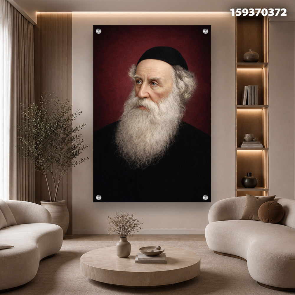 תמונות זכוכית - דיוקן רב מזוקן בכיפה על רקע בורדו עמוק תמונות זכוכית לסלון תמונות לבית תמונות קיר הדפסה על זכוכית