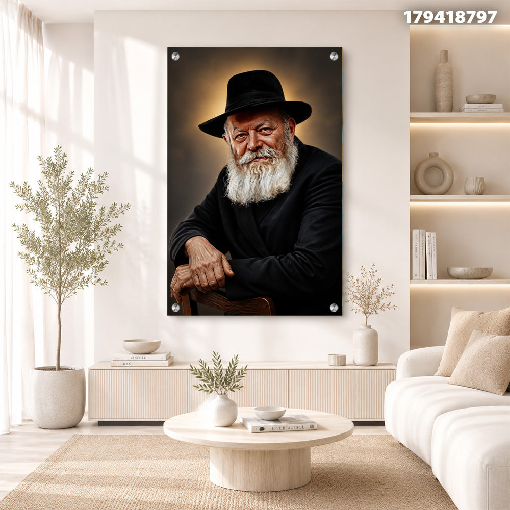 הדפסה על זכוכית - דיוקן רב מזוקן בכובע שחור עם הילה זהובה תמונות זכוכית לסלון תמונות לבית תמונות קיר הדפסה על זכוכית