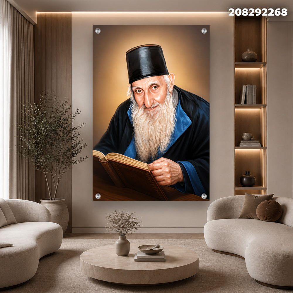 תמונות זכוכית - הרב יצחק כדורי זצ''ל לומד מספר באור זהוב תמונות זכוכית לסלון תמונות לבית תמונות קיר הדפסה על זכוכית
