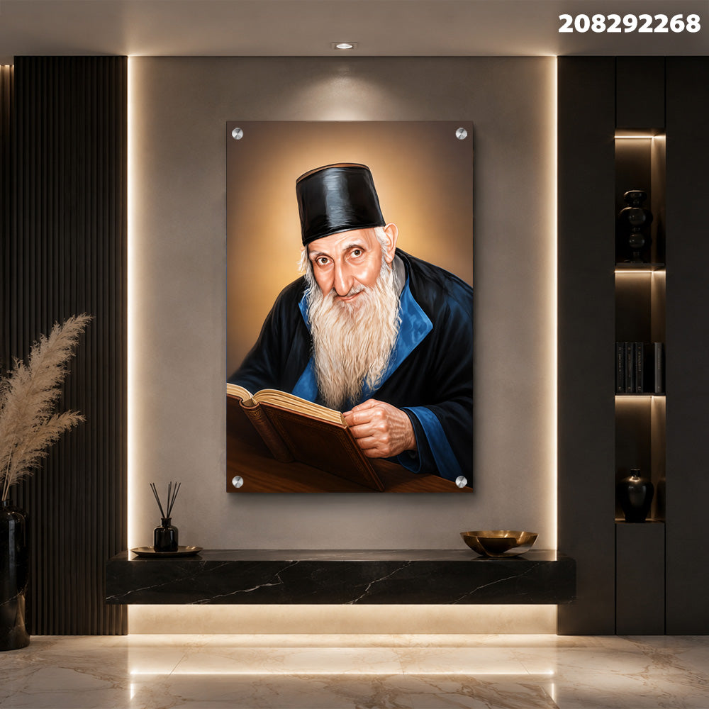 תמונות זכוכית - הרב יצחק כדורי זצ''ל לומד מספר באור זהוב תמונות זכוכית לסלון תמונות לבית תמונות קיר הדפסה על זכוכית