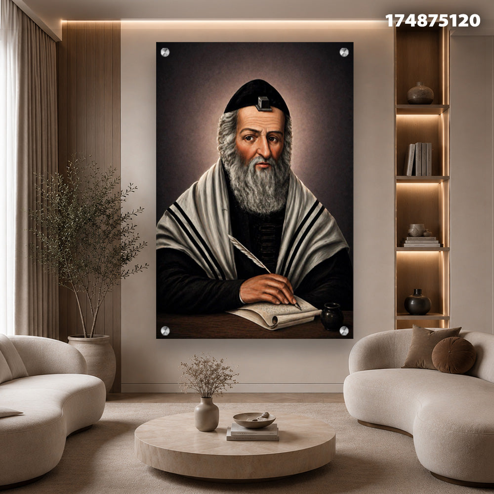 תמונות זכוכית - דיוקן רבני קלאסי עם טלית ונוצה בגווני חום ושמנת תמונות זכוכית לסלון תמונות לבית תמונות קיר הדפסה על זכוכית