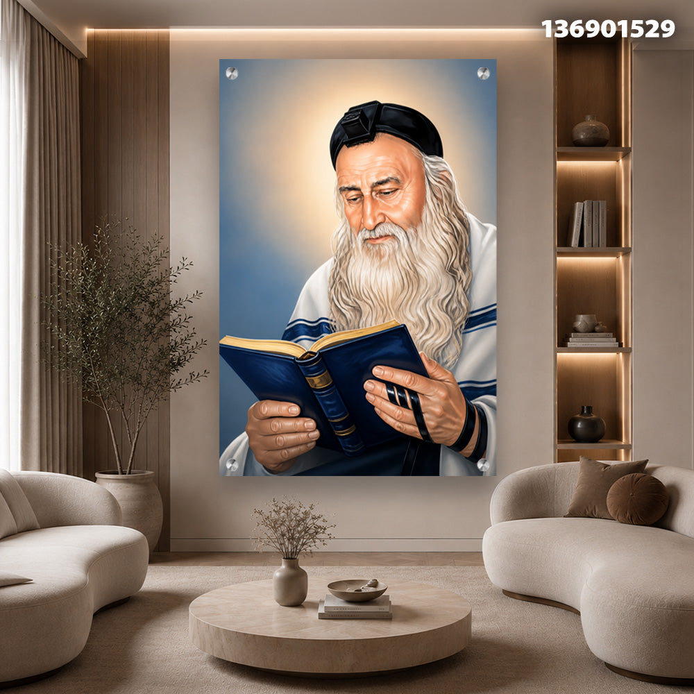 תמונות זכוכית - רב מתפלל עם ספר כחול והילה זהובה תמונות זכוכית לסלון תמונות לבית תמונות קיר הדפסה על זכוכית