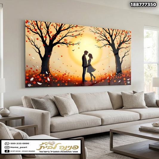 זוג עומד יחד מול עץ עם עלים צבעוניים - תמונות נוי - צבעים חמימים