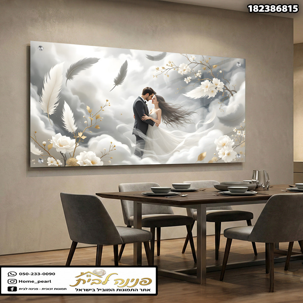 זוג רומנטי מעוטר בפרחים על רקע גווני אפור - תמונות לבית - אפור ולבן