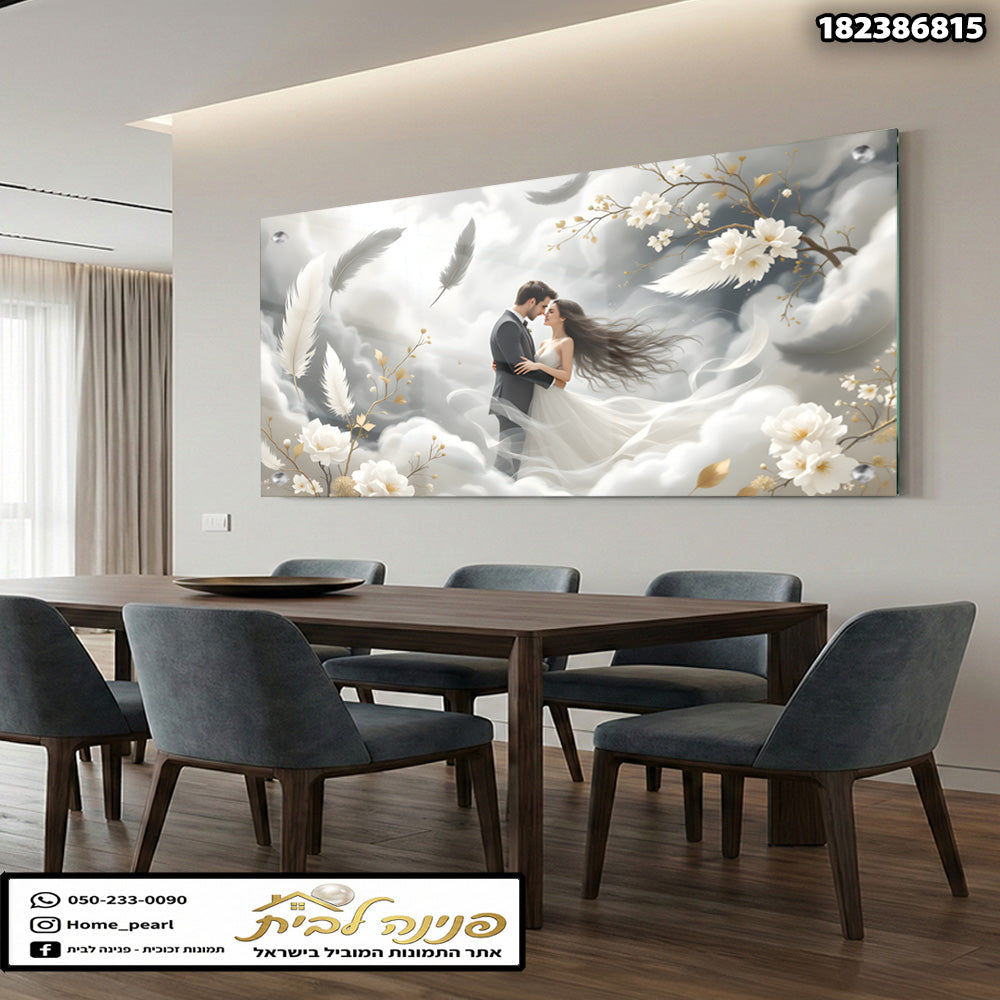 תמונה של זוג רומנטי על רקע פרחים - תמונות לסלון - צבעים אפורים ולבנים