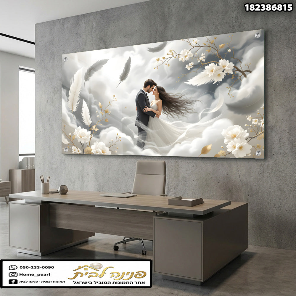 תמונה רומנטית על קיר - תמונות לסלון - צבעים לבן, אפור וזהב