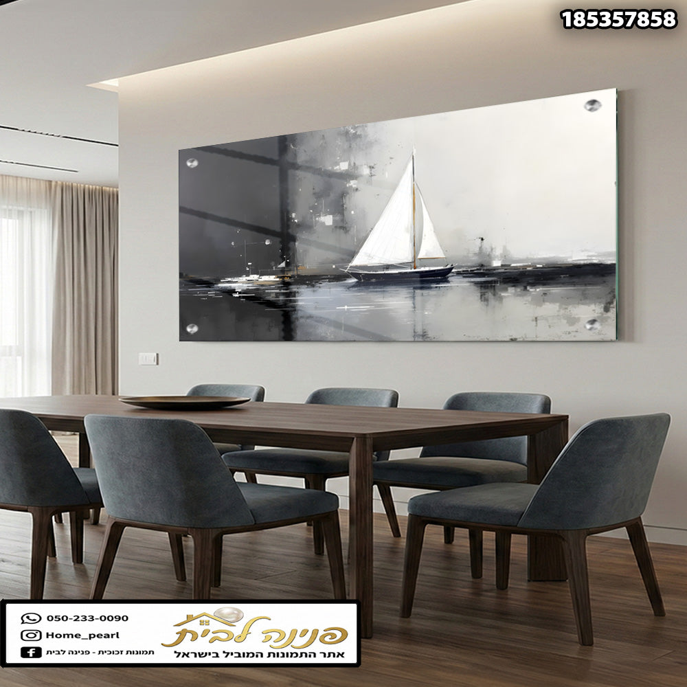 תמונות זכוכית - מפרשית לבנה על ים אפור ערפילי במכחול מודרני תמונות זכוכית לסלון תמונות לבית תמונות קיר הדפסה על זכוכית
