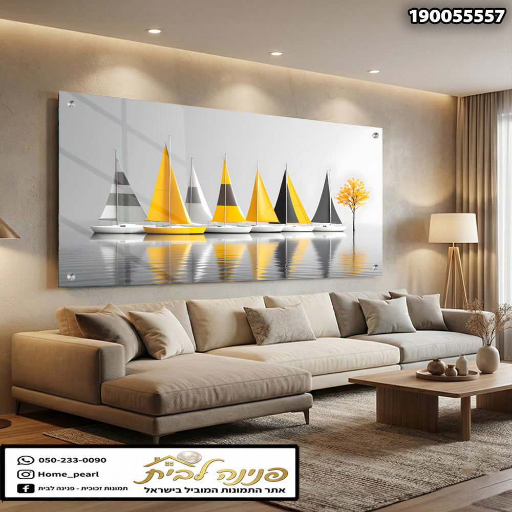 תמונות זכוכית - שייט מפרשים מינימליסטי בצהוב ושחור עם השתקפות רכה תמונות זכוכית לסלון תמונות לבית תמונות קיר הדפסה על זכוכית