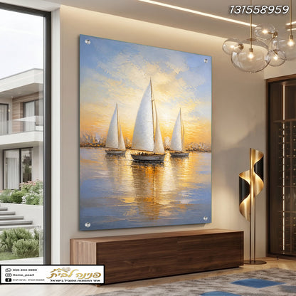 ציור של יאכטות במים - תמונות נוי - זהב, כחול, לבן