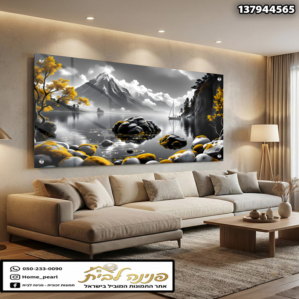 תמונה של נוף בשחור לבן עם פרחים צהובים - תמונות קיר - צבעים בשחור וצהוב