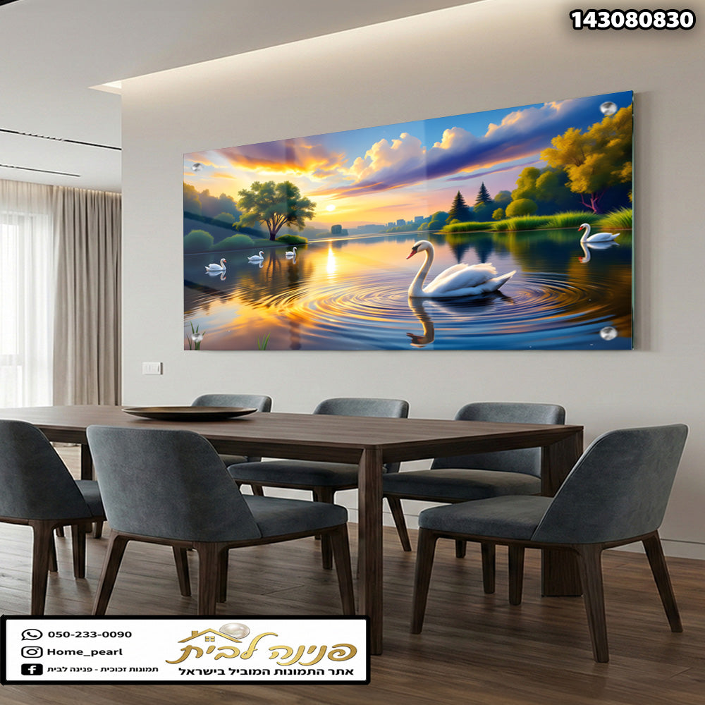 תמונה של ברווזים ושמש בכלי מים - תמונות לבית - צבעים כחול וכתום