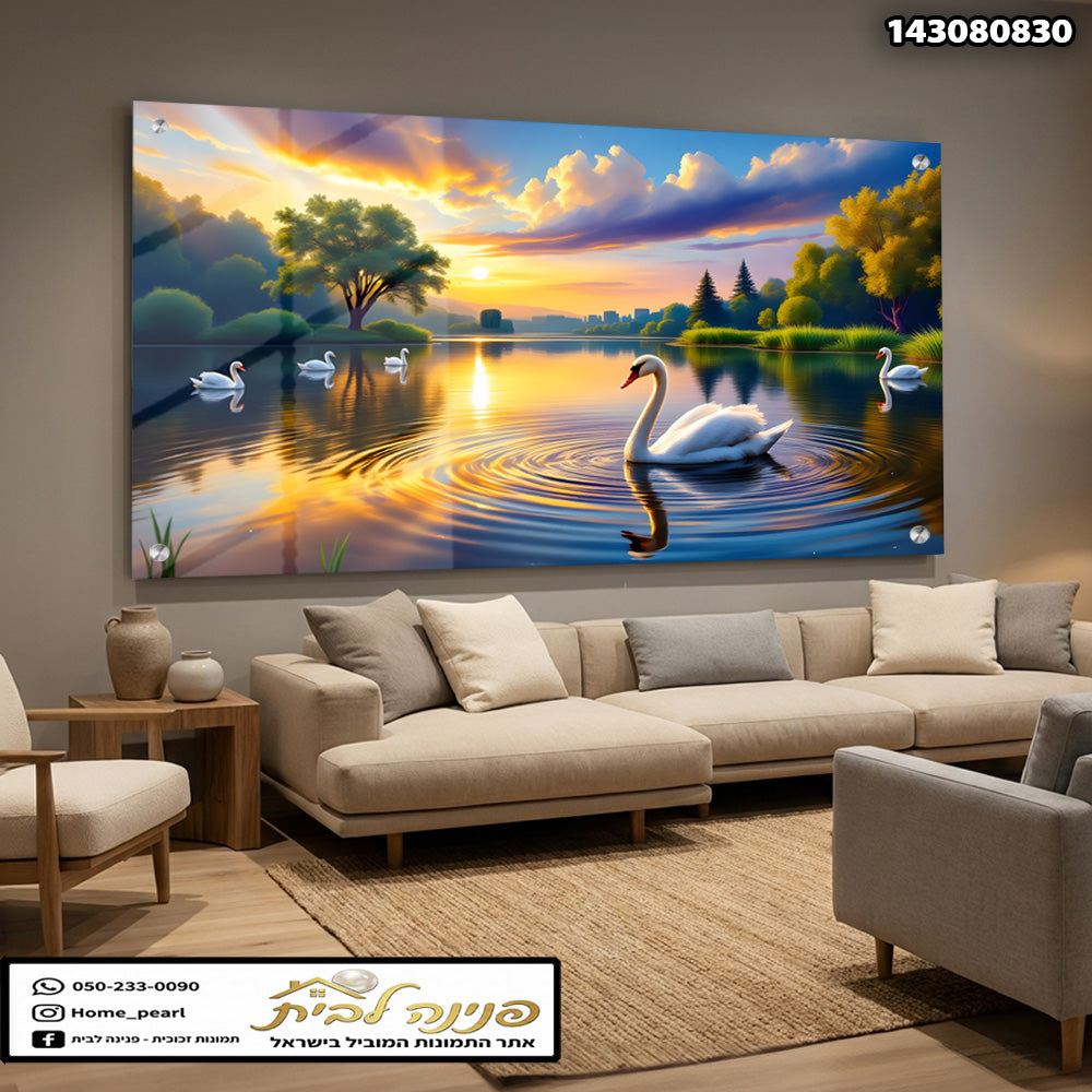 תמונה נוף עם ברווזים בבריכה - תמונות נוי - צבעים כחול וזהב