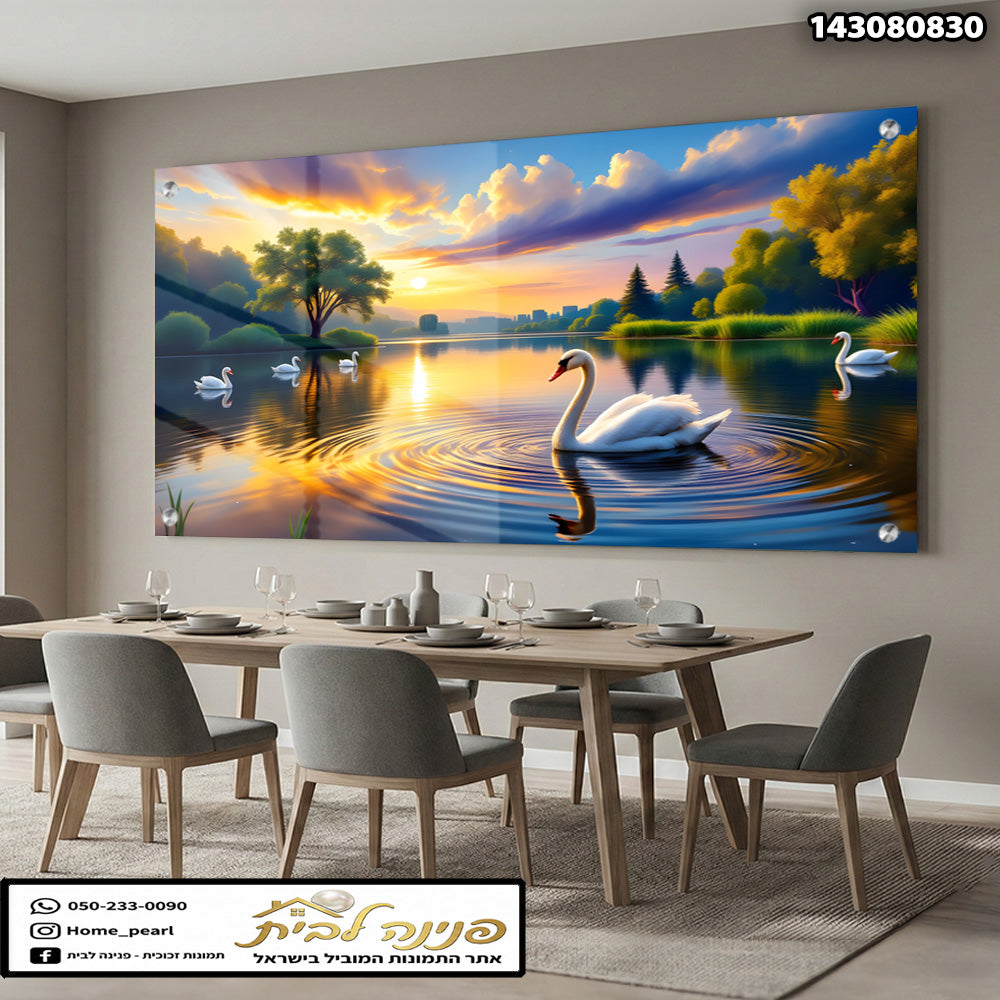 נוף של אגם עם ברווזים - תמונות נוי - צבעים כחול, כתום וירוק