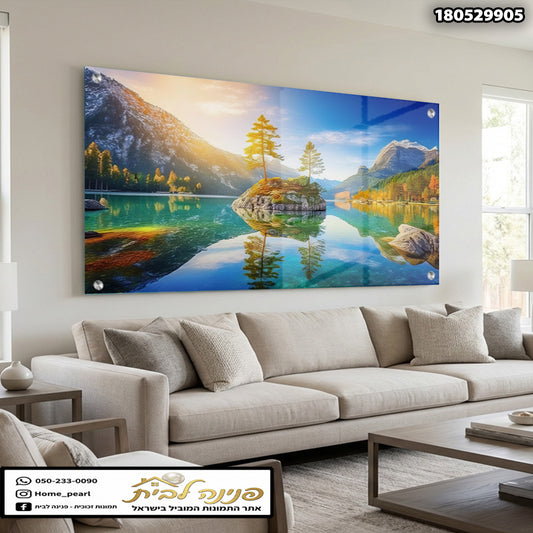 תמונה של נוף רגוע - הדפסה על זכוכית - צבעים ירוק, כחול וחום