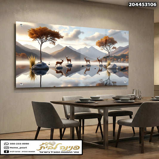 תמונה נוף עם איילים ורקע הרים - תמונות נוי - צבעים חומים וכחולים
