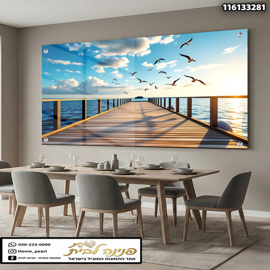 תמונה של נוף ים על זכוכית - תמונות זכוכית - צבעים כחול וחום