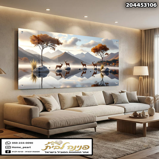 תמונה נוף מרהיבה עם איילים בלב האגם - תמונות נוי - צבעים טבעיים