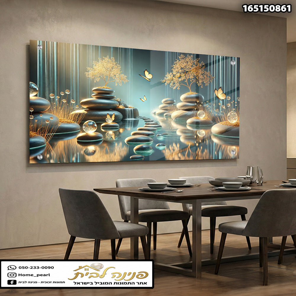 הדפסה על זכוכית - אגם טורקיז עם אבני זן ופרפרים זהובים תמונות זכוכית לסלון תמונות לבית תמונות קיר הדפסה על זכוכית
