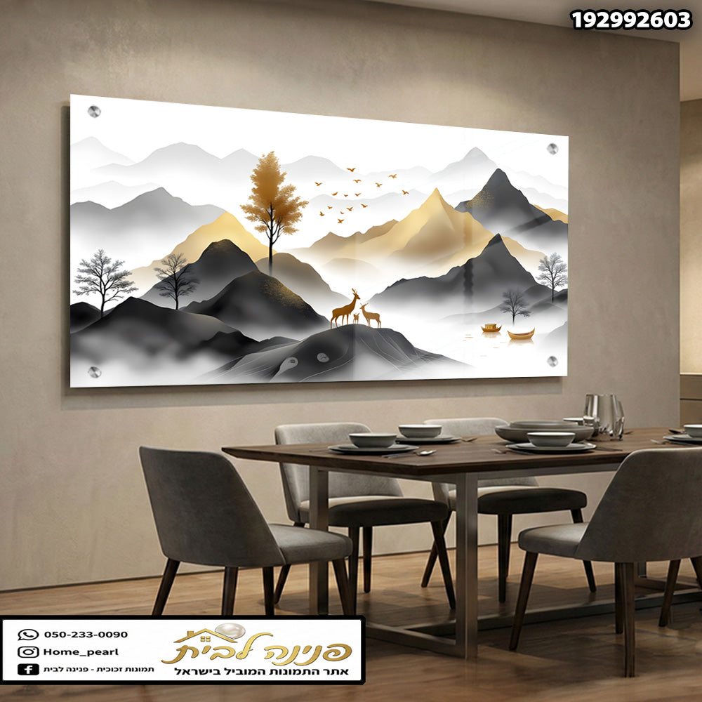 תמונות זכוכית - נוף הררי ערפילי בגווני שחור וזהב עם איילים וציפורים תמונות זכוכית לסלון תמונות לבית תמונות קיר הדפסה על זכוכית
