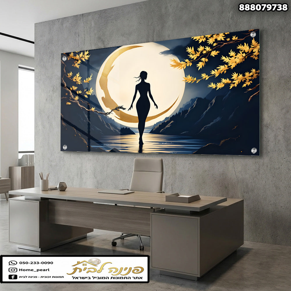 ציור של סילואטה של אישה ליד מים - תמונות נוי - צבעים כחול וצהוב