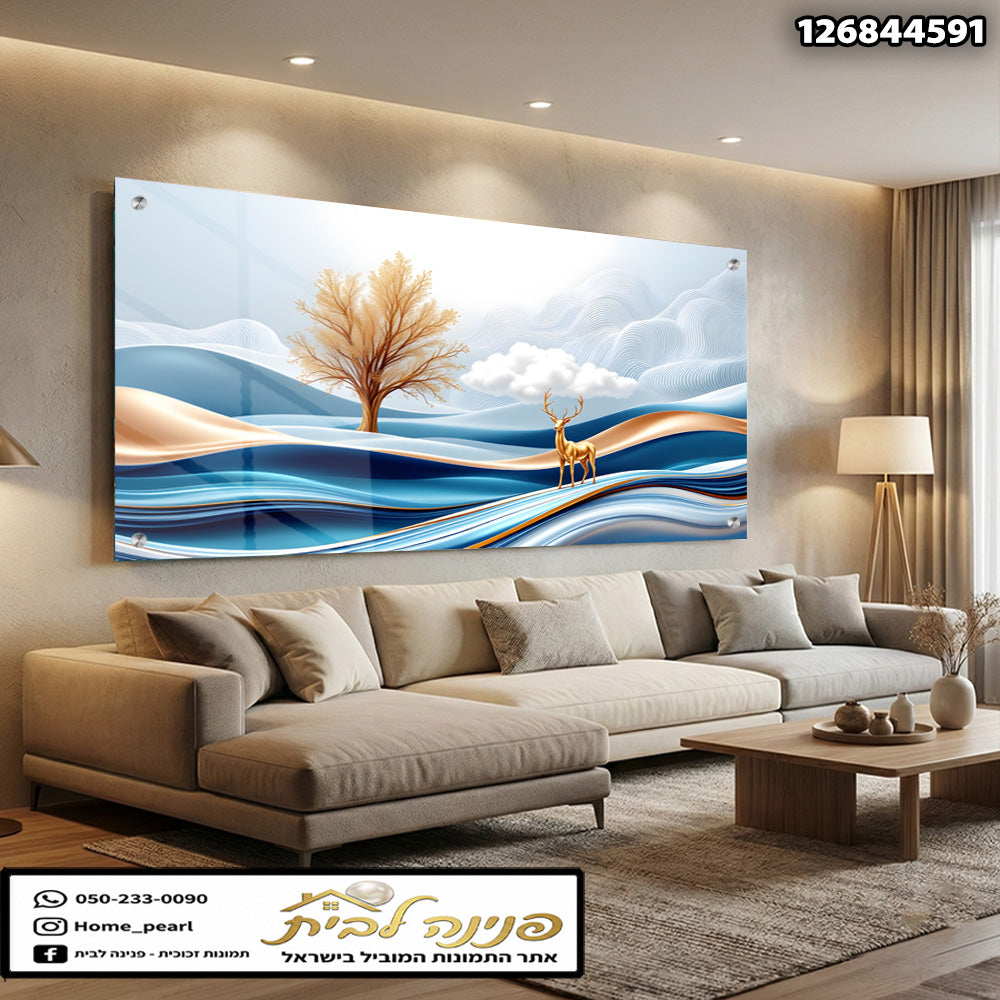 תמונות זכוכית - נוף גלים כחולים עם אייל זהוב ועץ ענברי תמונות זכוכית לסלון תמונות לבית תמונות קיר הדפסה על זכוכית