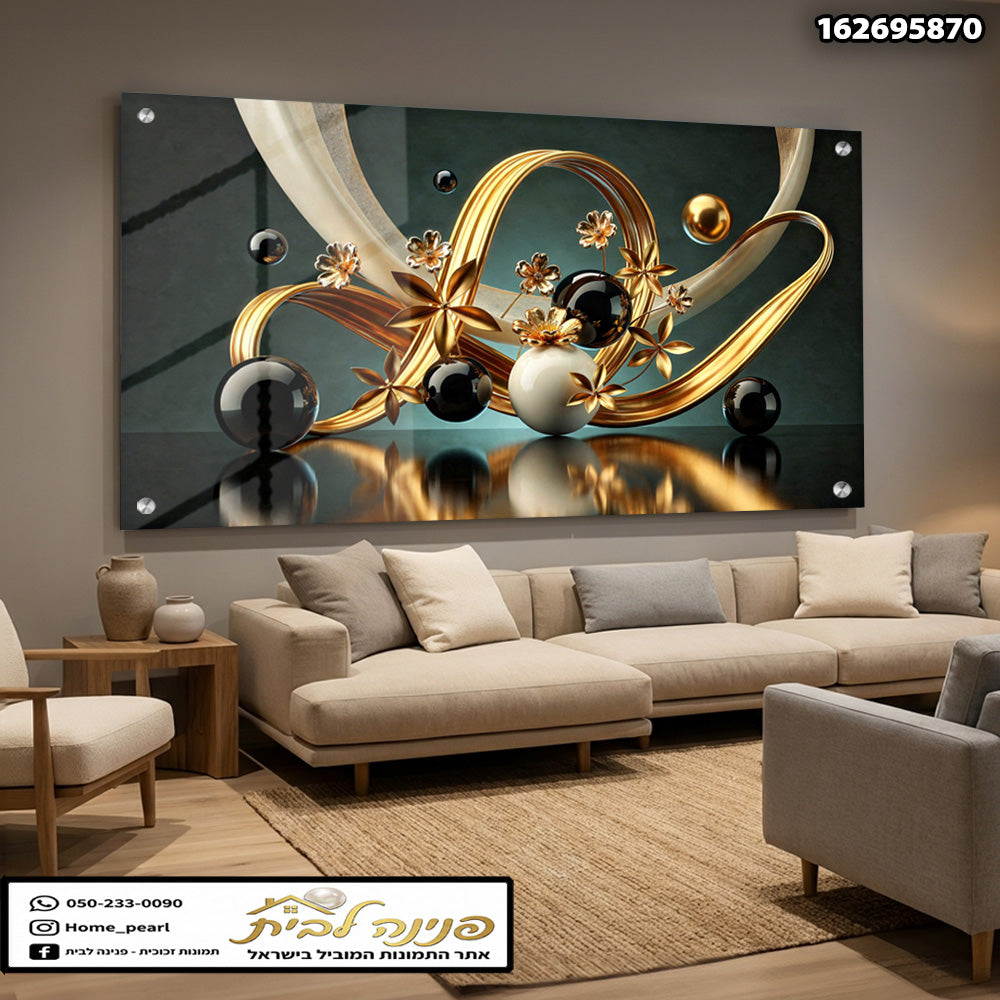 תמונות זכוכית - אבסטרקט יוקרתי של סרטי זהב וכדורים מבריקים תמונות זכוכית לסלון תמונות לבית תמונות קיר הדפסה על זכוכית