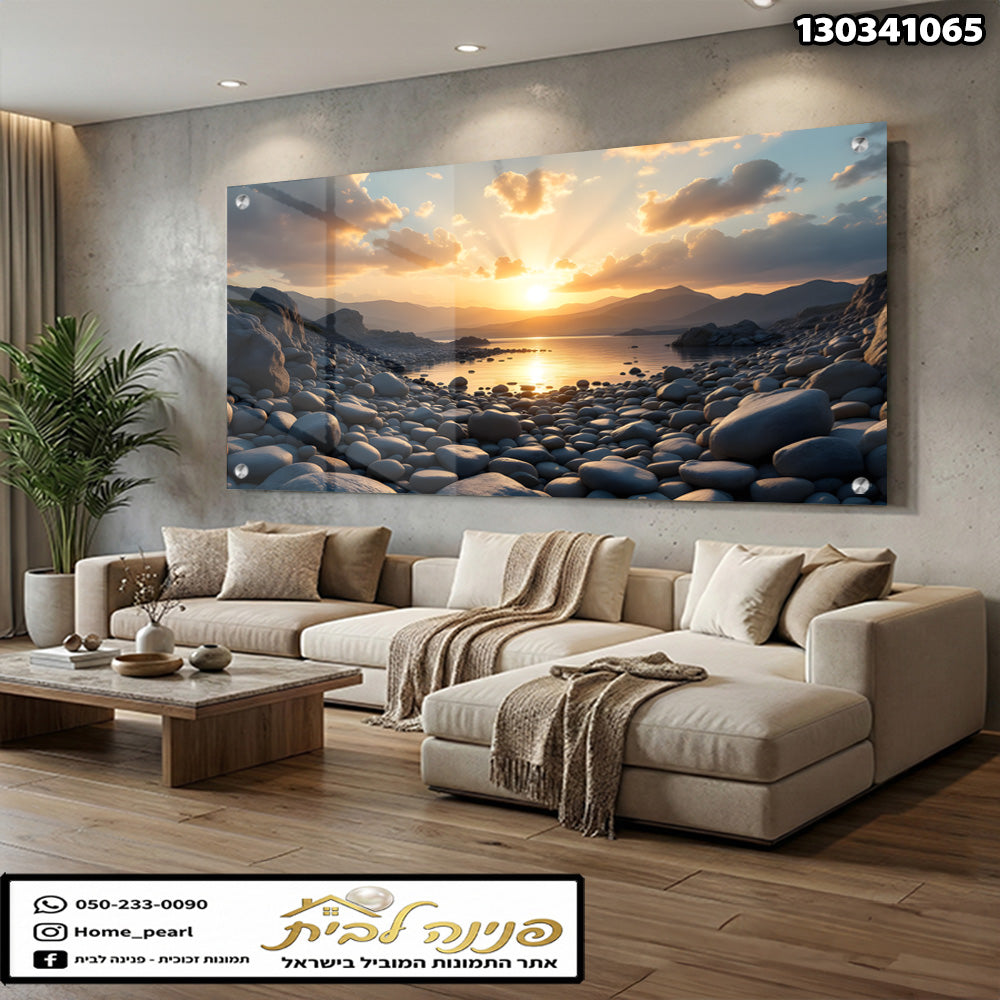 תמונה של שקיעה על חוף עם סלעים - תמונות לבית - צבעים אפורים