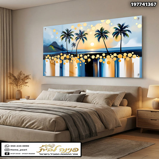 תמונה של שקיעה עם עצי דקל - תמונות נוי - צבעים כחול וכתום