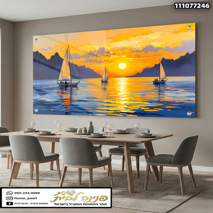 תמונה של שקיעה עם יאכטות - תמונות נוי - צבעים כתום וכחול