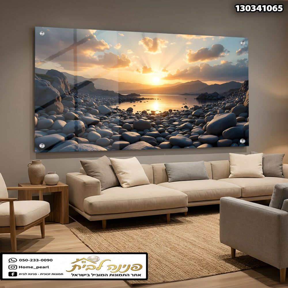 תמונת שקיעה על חוף עם אבנים - תמונות קיר - גווני כחול ואפור