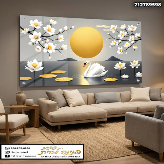 תמונה של ברבור עם פרחים ולבנים - תמונות לבית - צבעים: לבן, צהוב, אפור