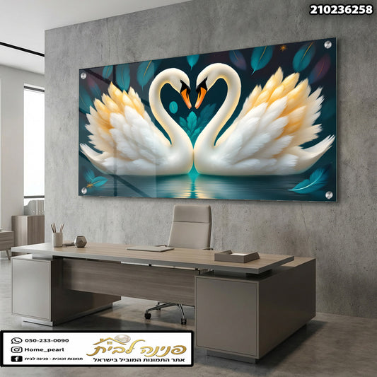 תמונה של שתי ברווזים המתמזגים בלב - תמונות נוי - צבעים מים, לבן וזהב