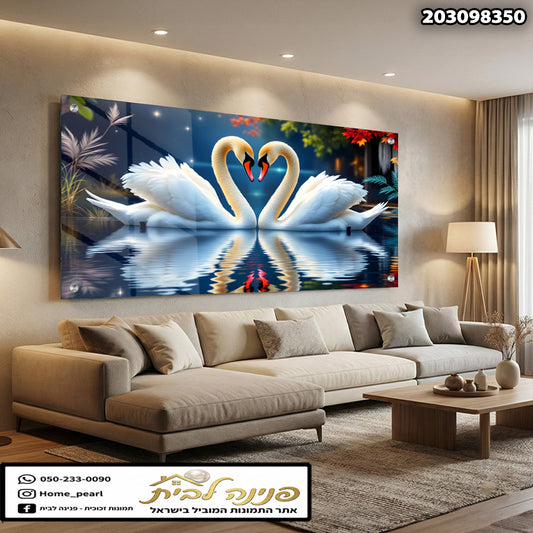 תמונה של ברווזים על רקע מים - תמונות נוי - צבעים לבן, כחול, ירוק, אדום