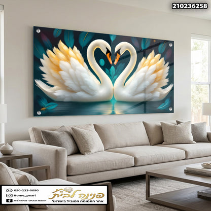 צמד ברווזים על רקע מים - תמונות זכוכית - צבעים לבן וטיל