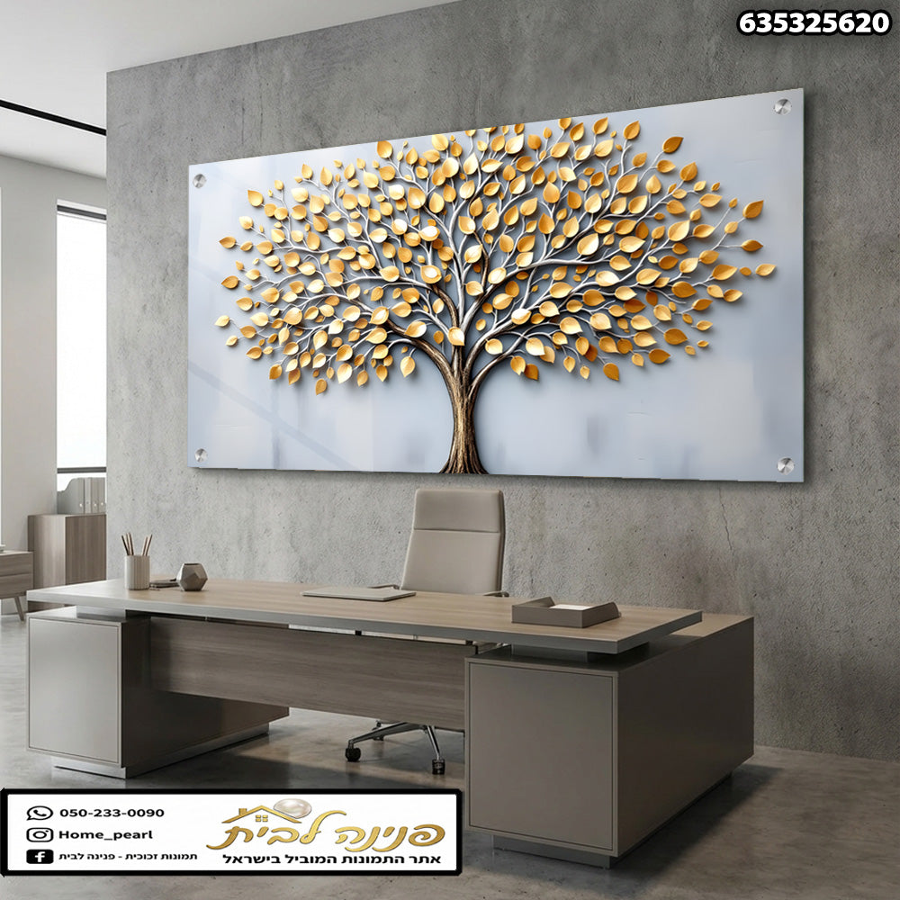 תמונה של עץ עם עלים מזהב - תמונות קיר - צבעים עיקריים: זהב ולבן