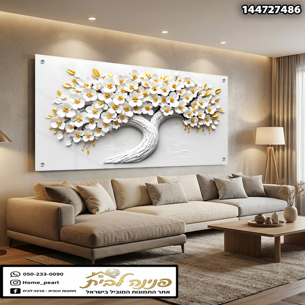 יצירת אומנות של עץ עם פרחים לבנים וזהב - תמונות נוי - צבעים לבן וזהב