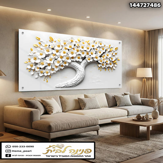 יצירת אומנות של עץ עם פרחים לבנים וזהב - תמונות נוי - צבעים לבן וזהב