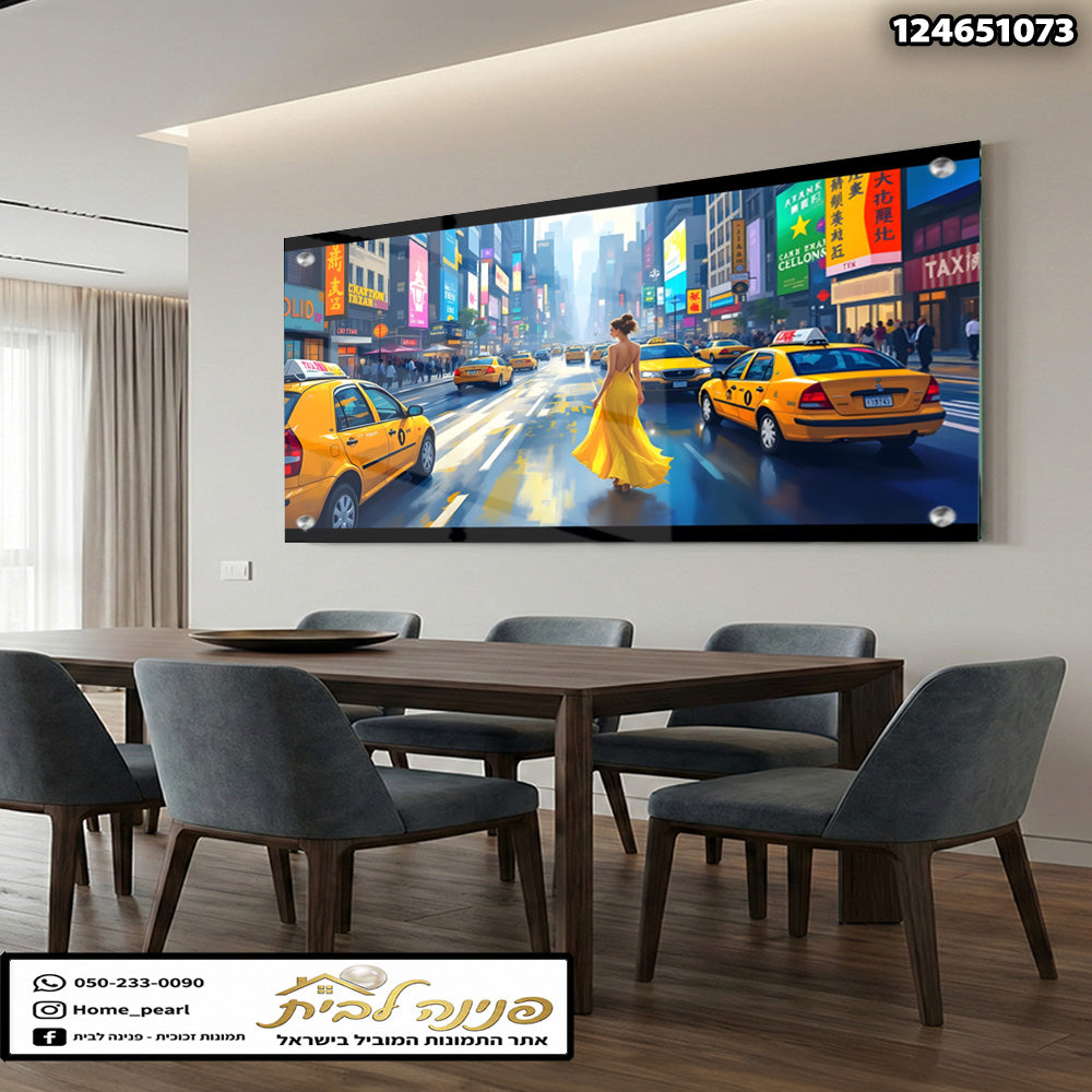 תמונה של סצנה עירונית עם מונית צהובה - תמונות קיר - צבעים צהוב וכחול