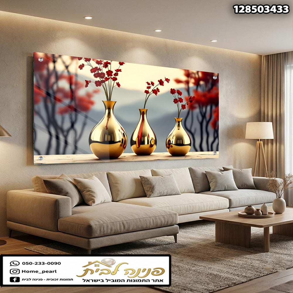 תמונה של שלושה vases עם פרחים אדומים - תמונות קיר - צבעים זהב ואדום