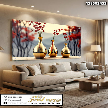 תמונה של שלושה vases עם פרחים אדומים - תמונות קיר - צבעים זהב ואדום