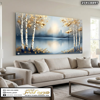תמונה של נוף עם עצי Birch והד reflected במים - תמונות נוי - צבעים כחול וזהב