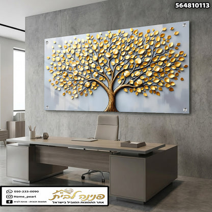תמונה של עץ עם עלים זהובים לקישוט המשרד - תמונות לבית - צבעים זהב ואפור