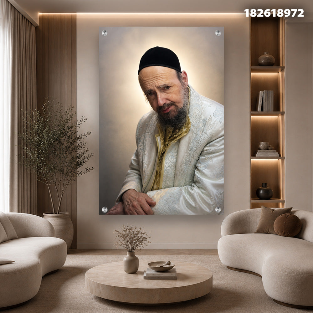 הדפסה על זכוכית - דיוקן יהודי אלגנטי עם הילה זהובה תמונות זכוכית לסלון תמונות לבית תמונות קיר הדפסה על זכוכית