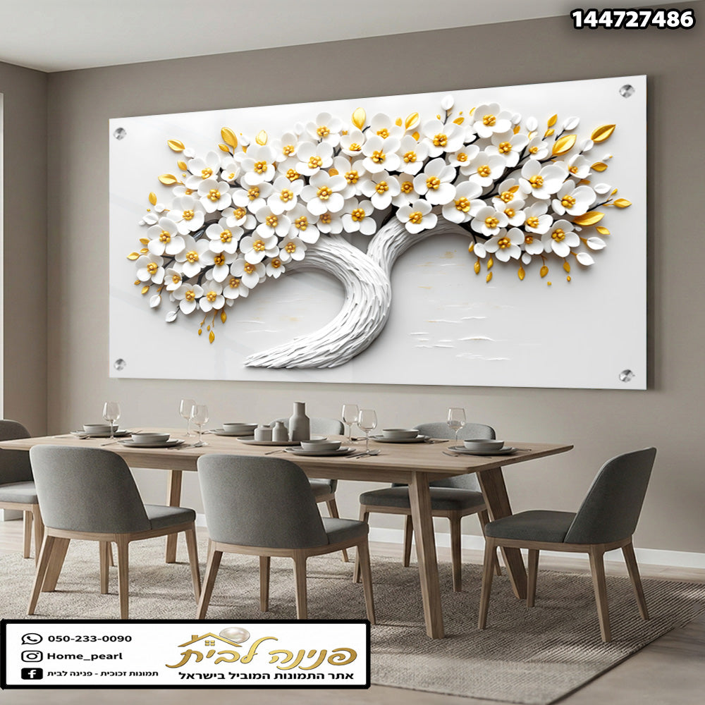 תמונה של עץ פורח על קיר - תמונות לבית - צבעים לבן וזהב