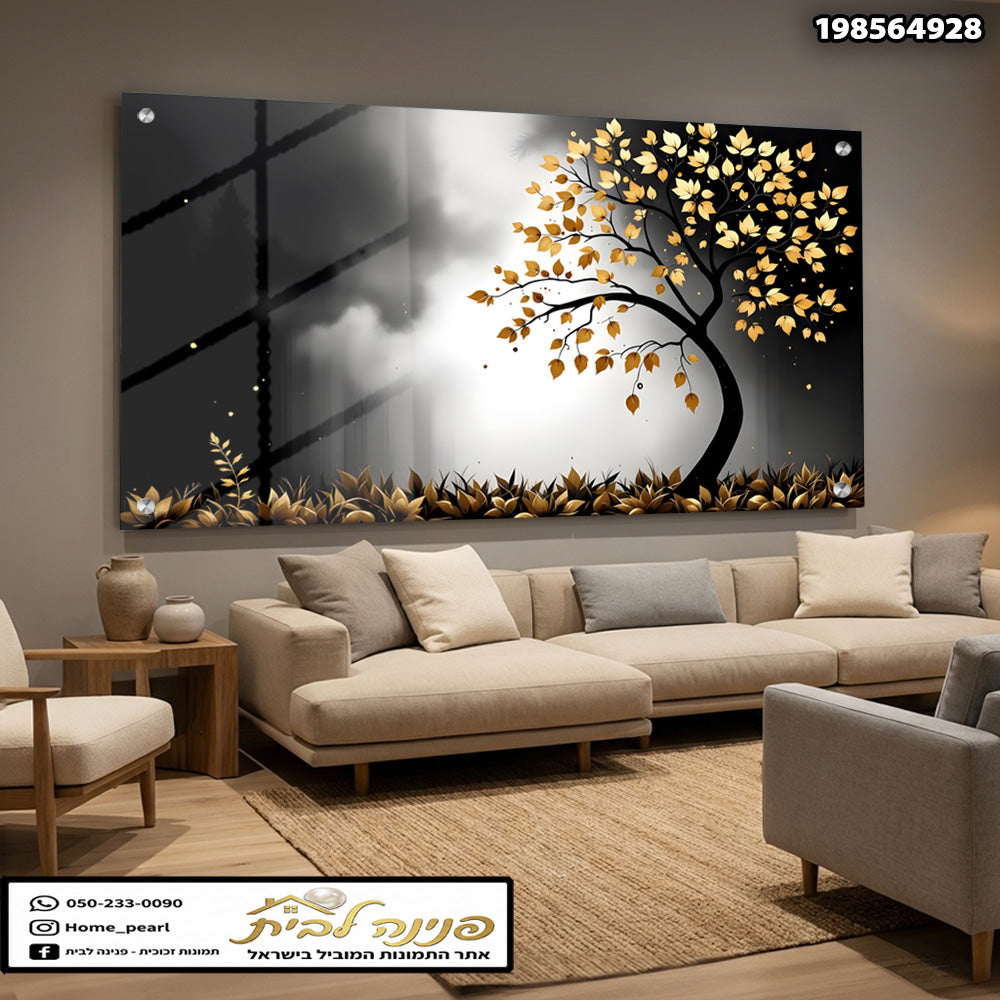 תמונה של עץ עם עלים זהובים על רקע כהה - תמונות לבית - צבעים שחור וזהב ולבן