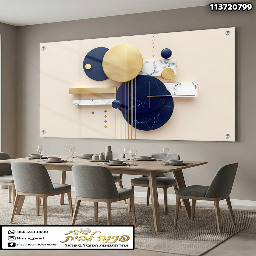 הדפסה על זכוכית - קומפוזיציה גאומטרית בכחול נייבי וזהב עם נגיעות שיש תמונות זכוכית לסלון תמונות לבית תמונות קיר הדפסה על זכוכית