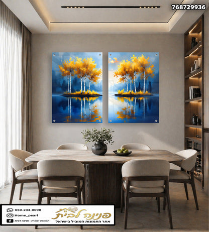 תמונת קיר זוגית של עצים צהובים על רקע מים - תמונות קיר - צבעים כחול וכתום