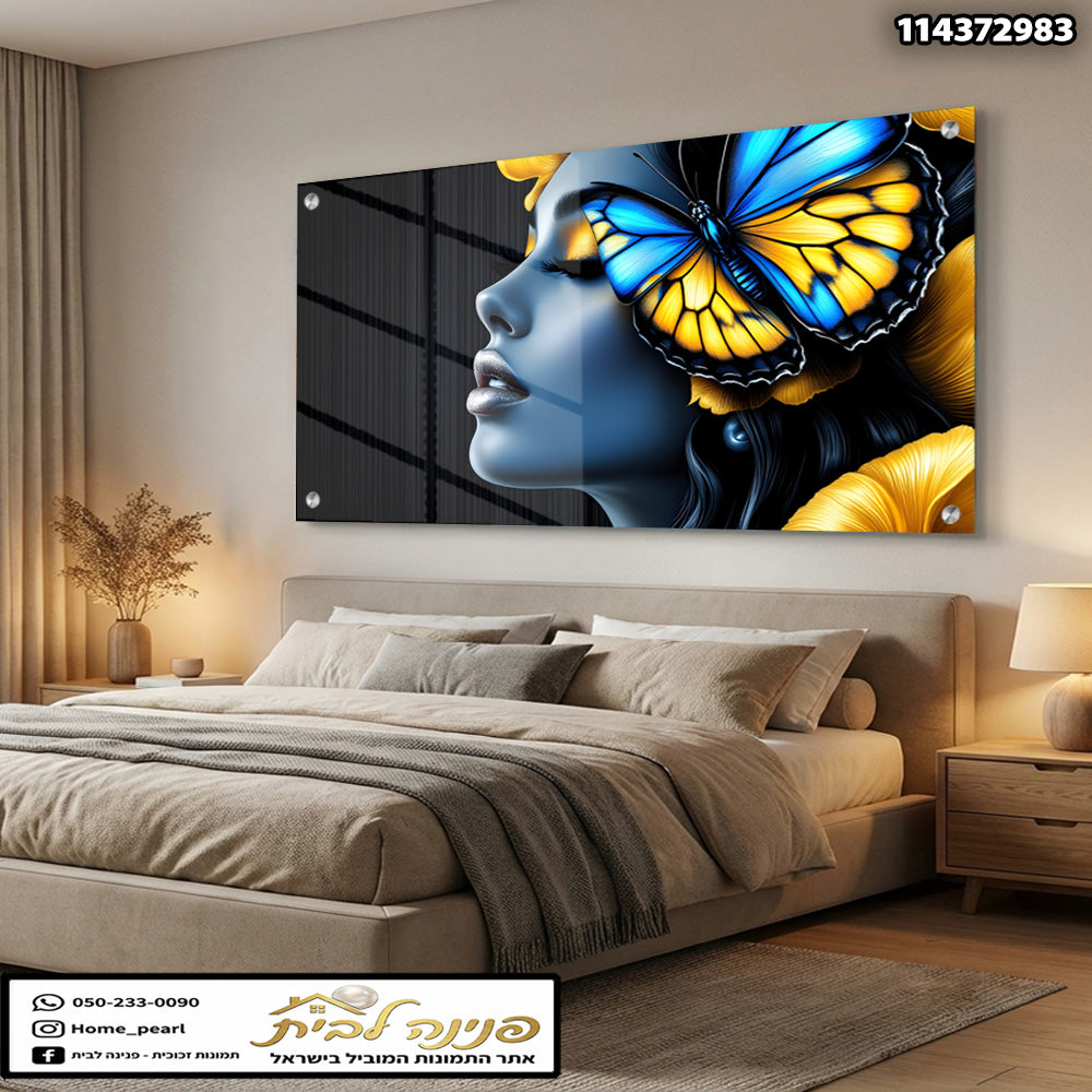תמונה אומנותית על קיר עם פרפרים וסגנון מודרני - תמונות קיר - צבעים כחול וצהוב