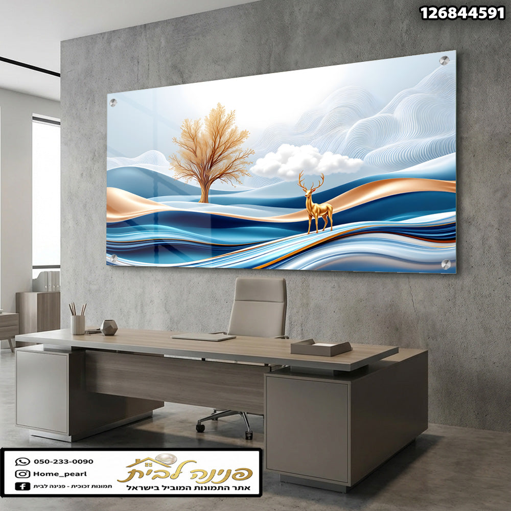 תמונה קישוטית עם עץ וצבי - תמונות קיר - בגווני כחול