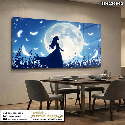 תמונת קיר של דמות עם ירח כחול - תמונות קיר - צבעים כחול ולבן